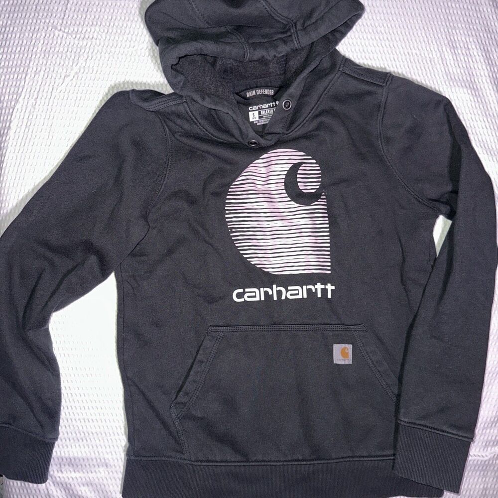 Carhartt Rain Defender Hoodie Womens Small 4-6 Black Graphic Sweatshirt DWR